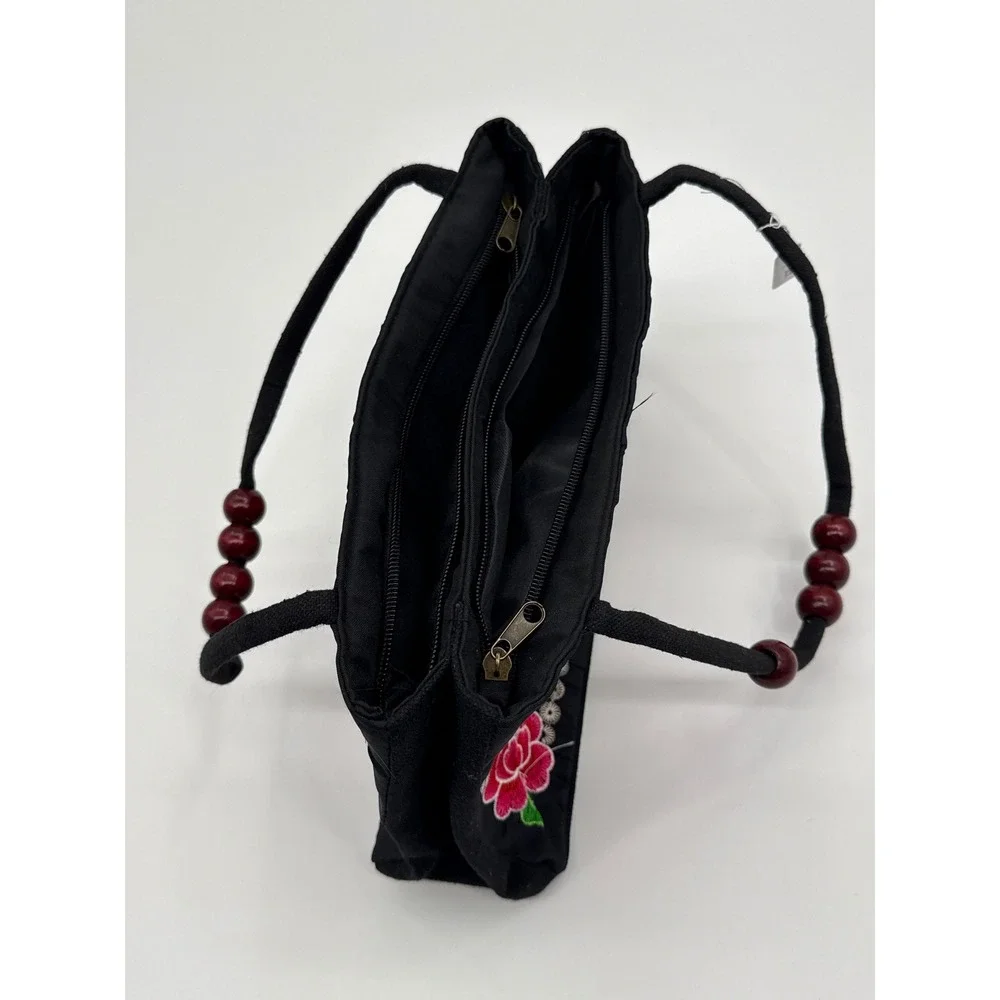 Vintage Style Embroidered Floral Canvas Tote Bag Black Beaded Strap Handbag